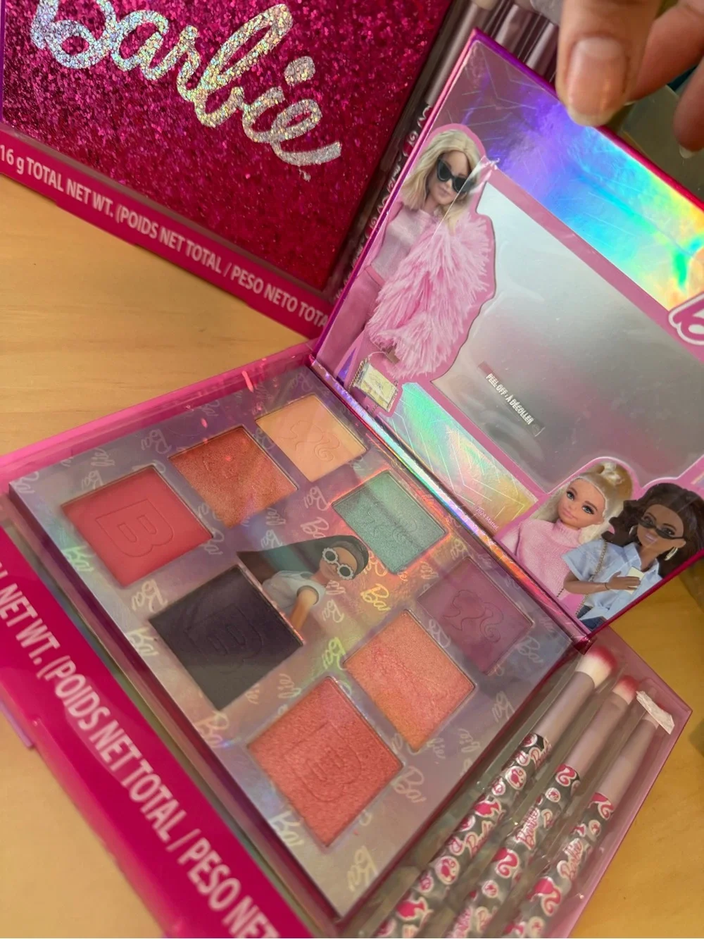 Barbie Hot Pink Glitter Makeup Palette with Glitter Logo and Brushes